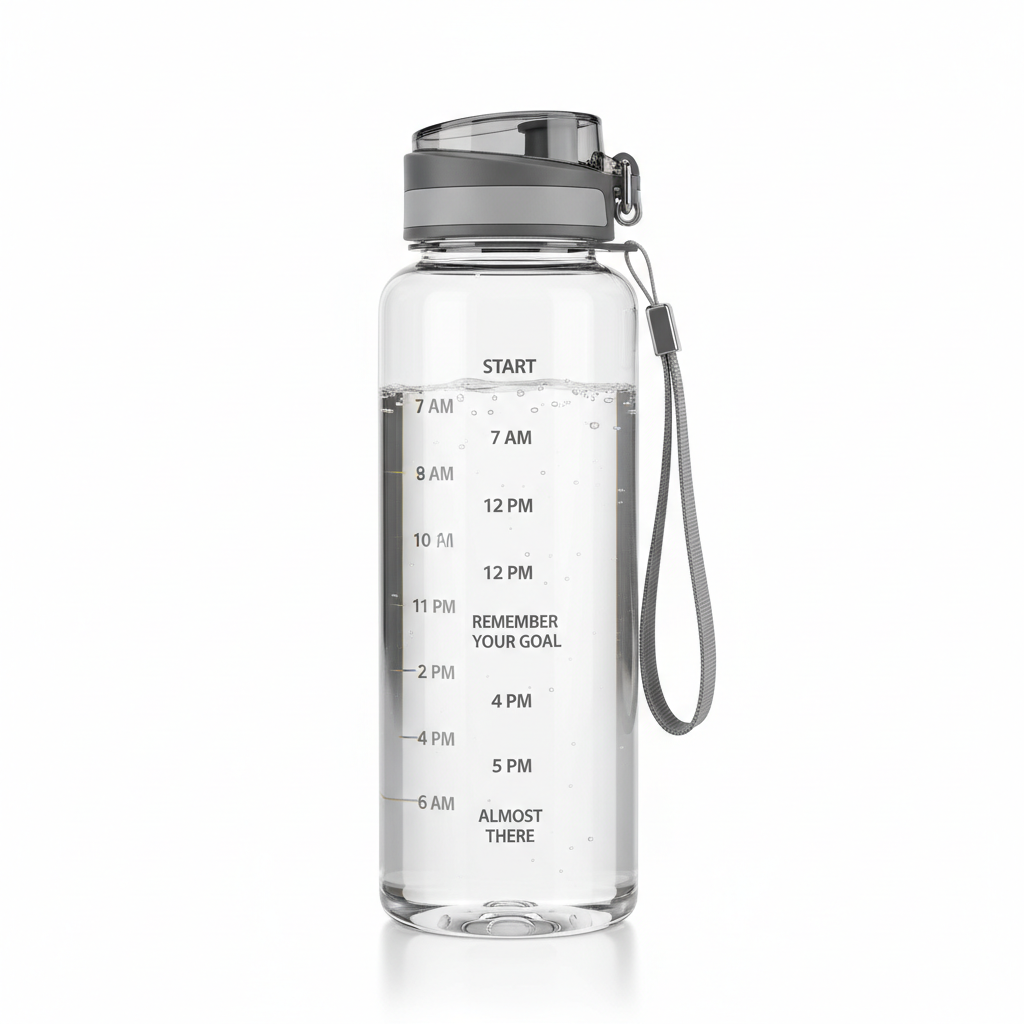 Garrafa de água 1L com marcadores de tempo motivacionais